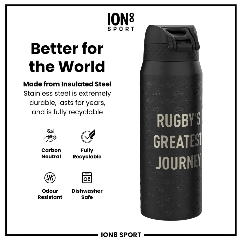 Ion8 insulated steel water bottle featuring British & Irish Lions rugby design, 750ml capacity, durable and leak-proof hydration.