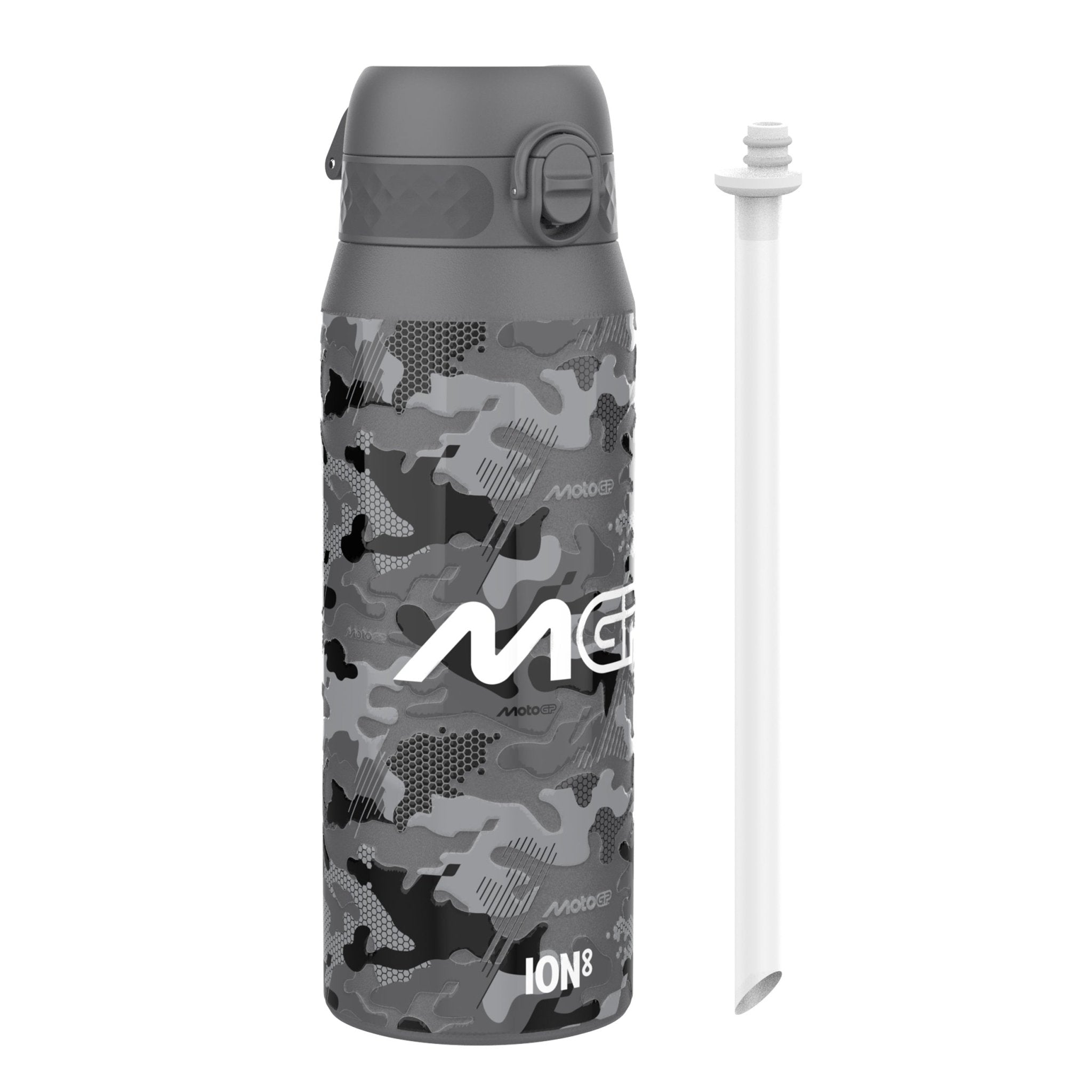 ION8 MotoGP insulated steel water bottle with camouflage design, 750ml capacity, featuring a sleek, durable construction.