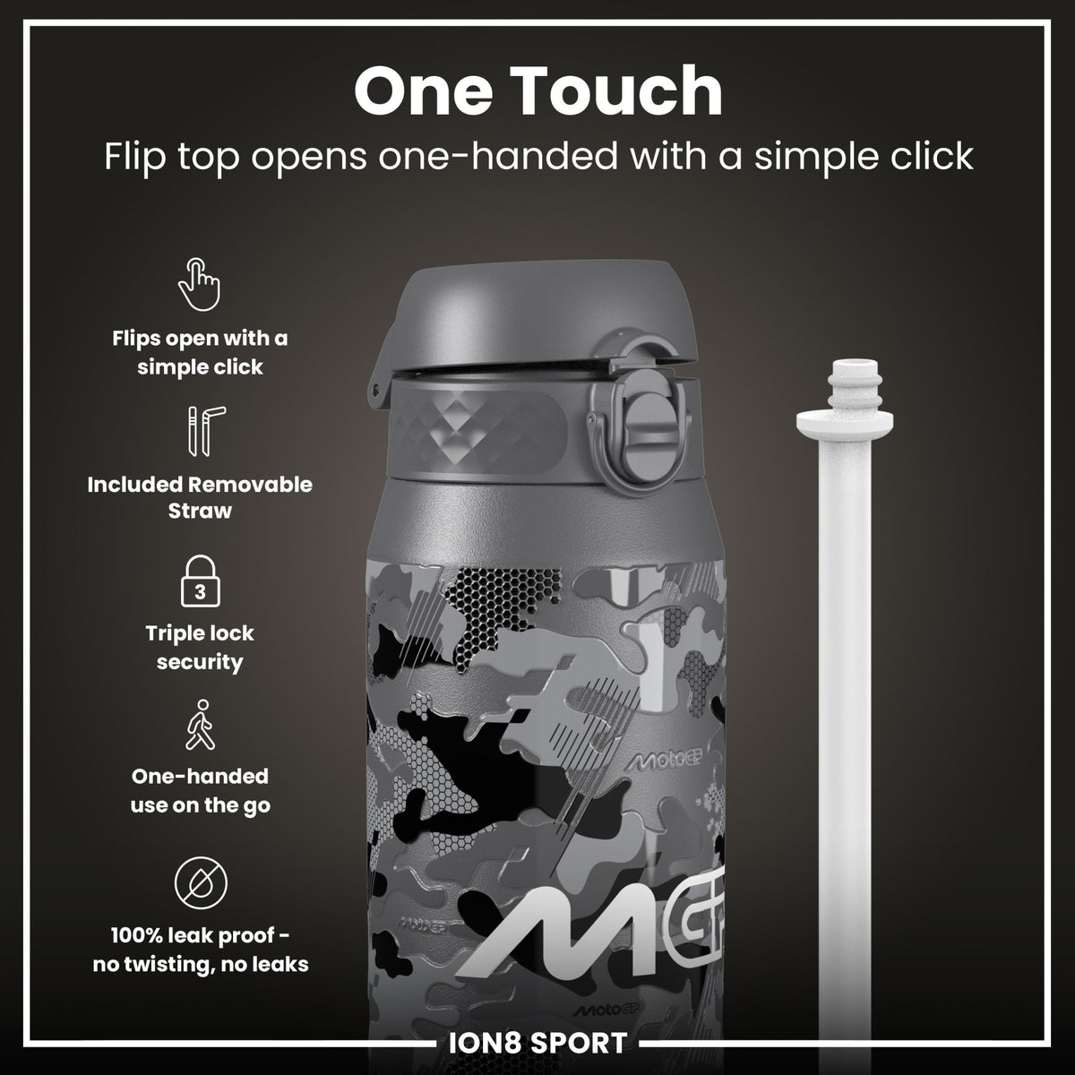 ION8 MotoGP camouflage insulated steel water bottle, 750ml, 24oz, with durable design and MotoGP branding on a camouflage pattern.