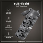 ION8 insulated steel water bottle featuring MotoGP camouflage design, 750ml capacity, durable and leak-proof for active use.