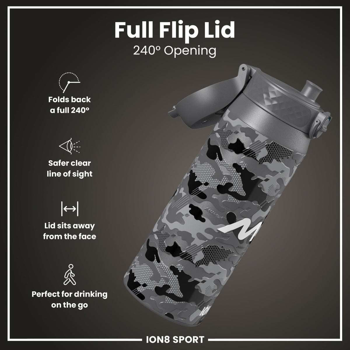 ION8 insulated steel water bottle featuring MotoGP camouflage design, 750ml capacity, durable and leak-proof for active use.
