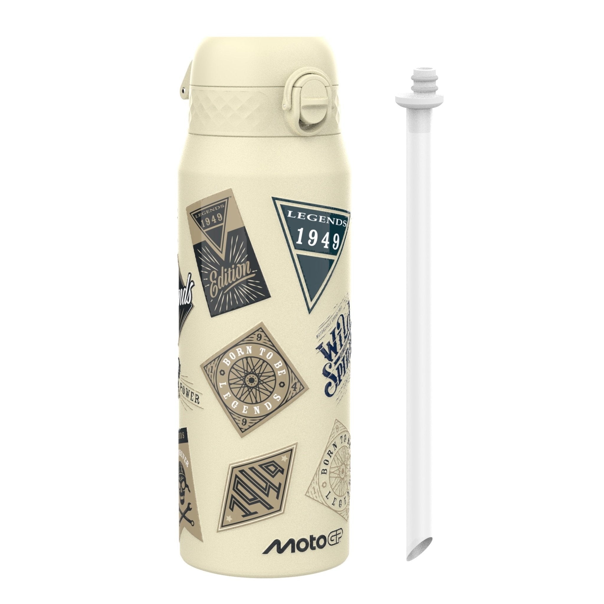 ION8 MotoGP Classic Legends insulated steel water bottle, 750ml (24oz), durable design with MotoGP branding and sleek finish.