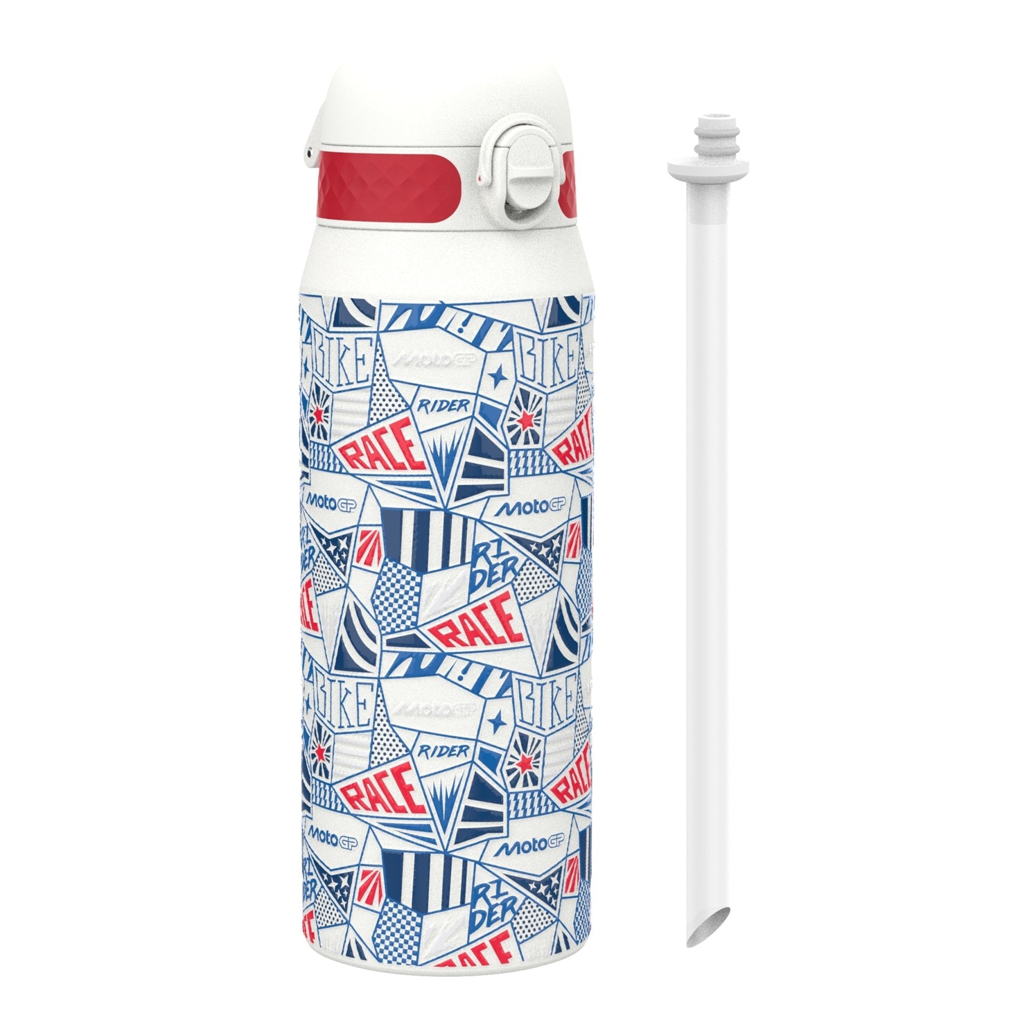 Ion8 MotoGP insulated steel water bottle, 750ml, with MotoGP Street logo and sleek silver design, suitable for hot and cold drinks.