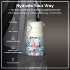 ION8 MotoGP insulated steel water bottle, 750ml (24oz), featuring MotoGP Street branding and a sleek design.