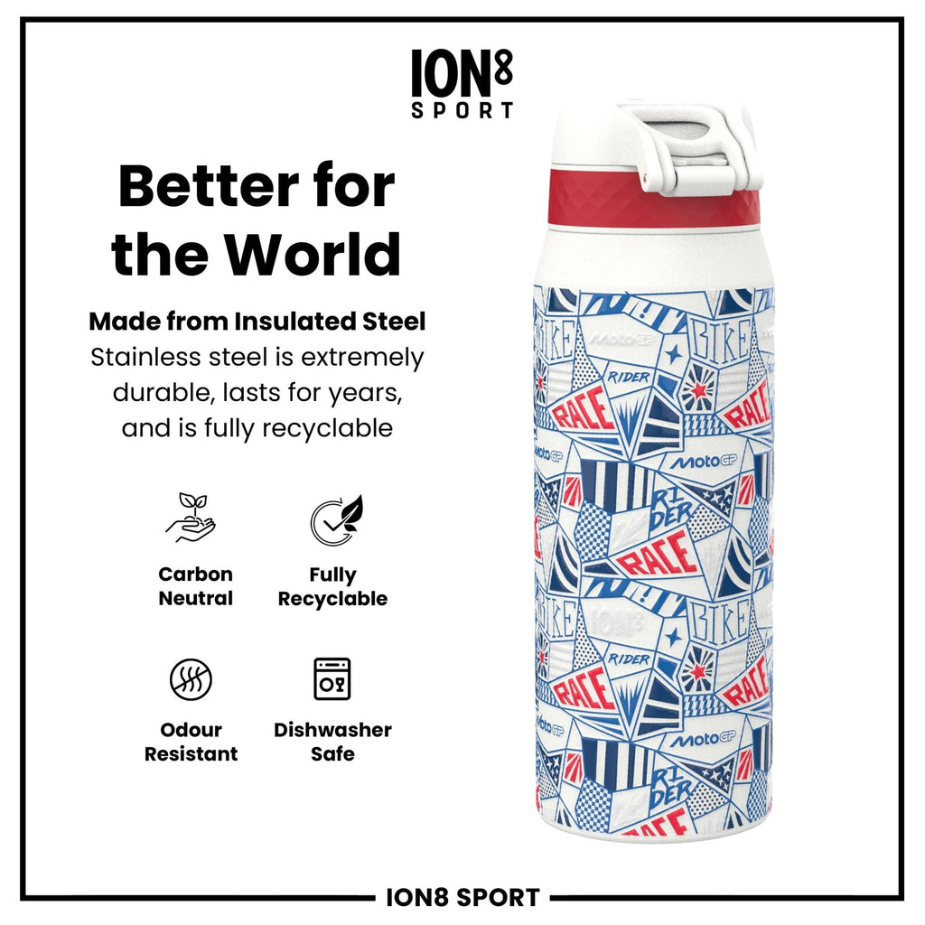 ION8 MotoGP insulated steel water bottle, 750ml, featuring MotoGP Street branding, with a sleek stainless steel design.