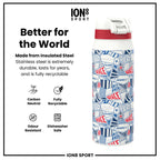 ION8 MotoGP insulated steel water bottle, 750ml, featuring MotoGP Street branding, with a sleek stainless steel design.