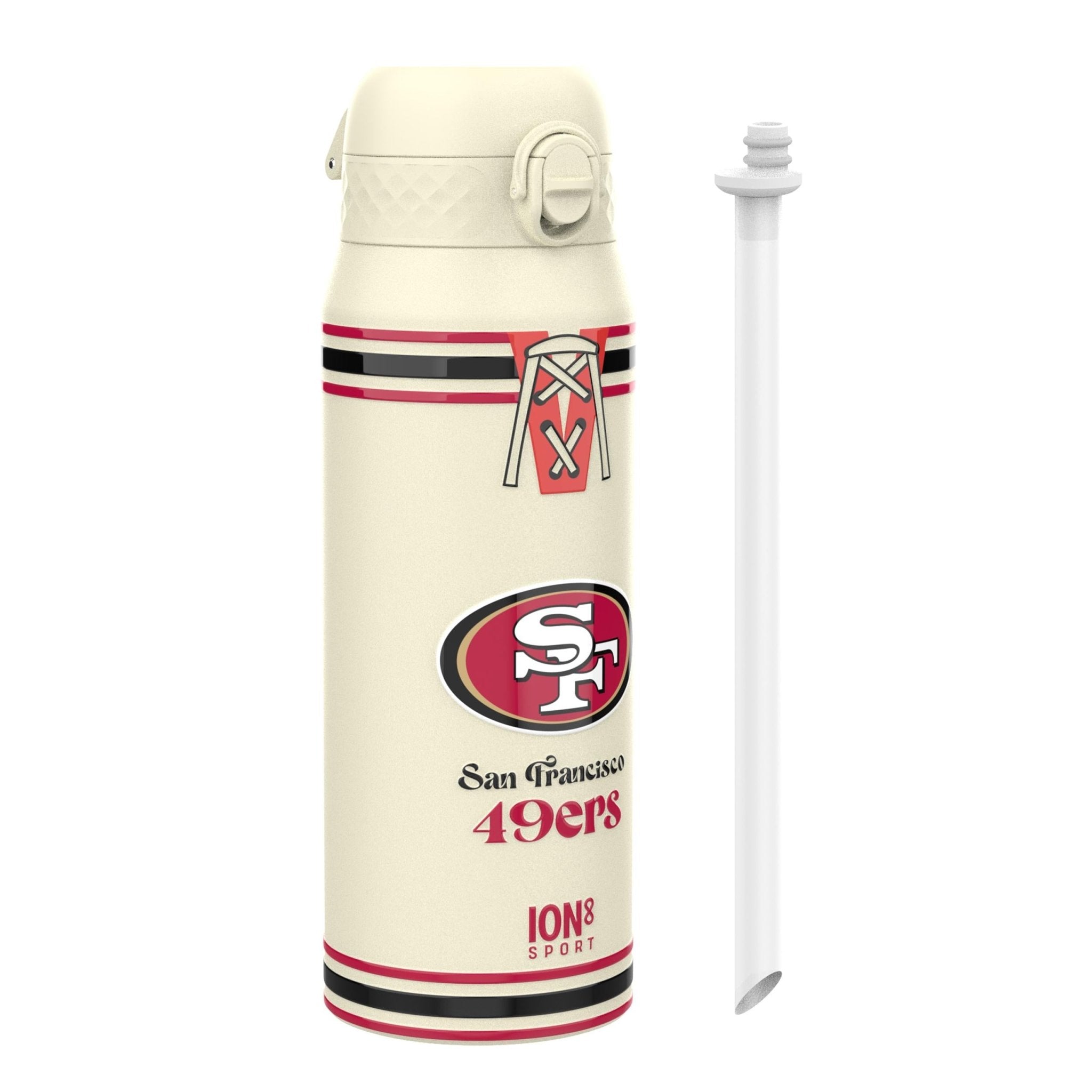 ION8 NFL 49ers insulated steel water bottle, 750ml (24oz), featuring team logo and durable design for sports hydration.