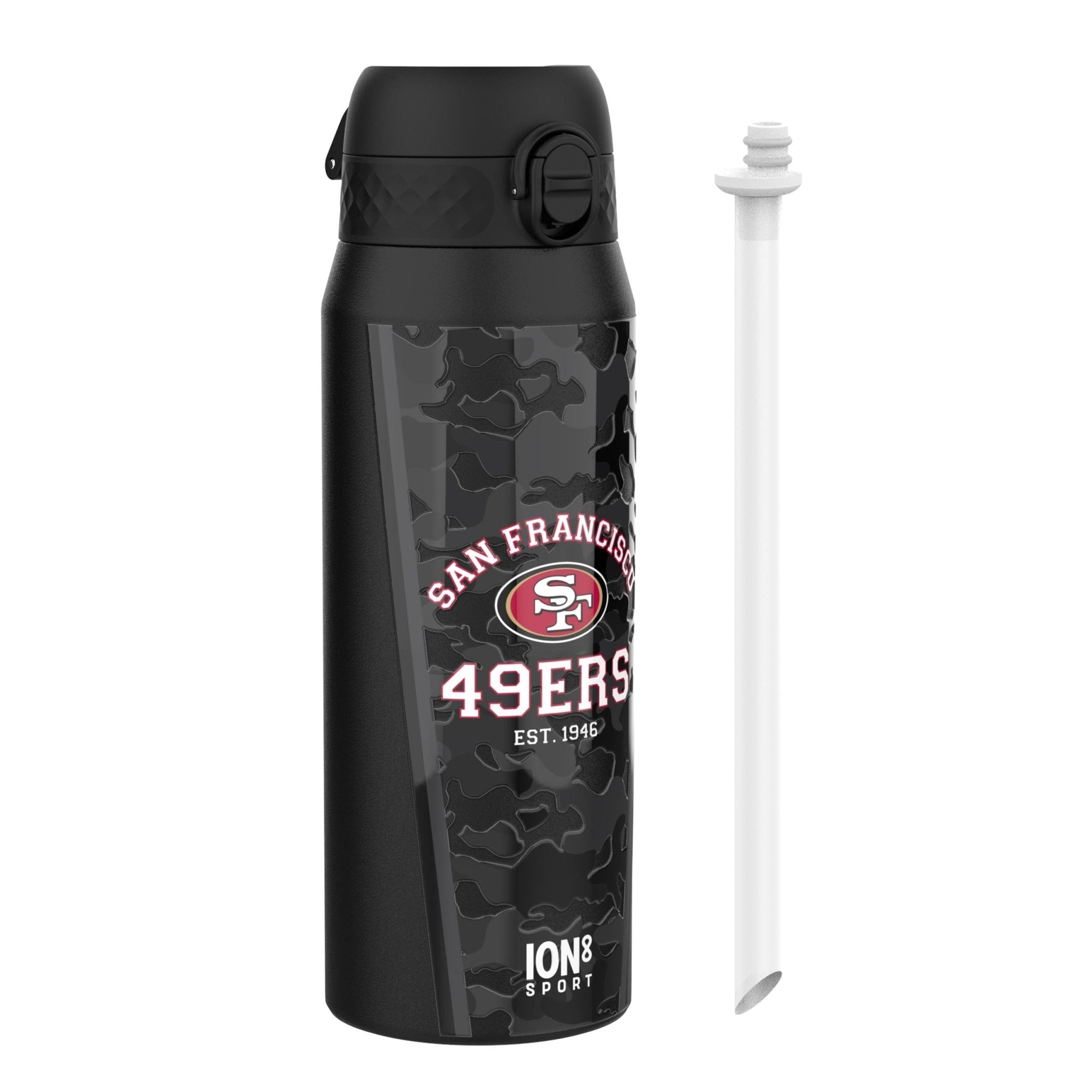 ION8 NFL 49ers insulated steel water bottle, 750ml, with team logo and sleek design, perfect for keeping drinks cold or hot.