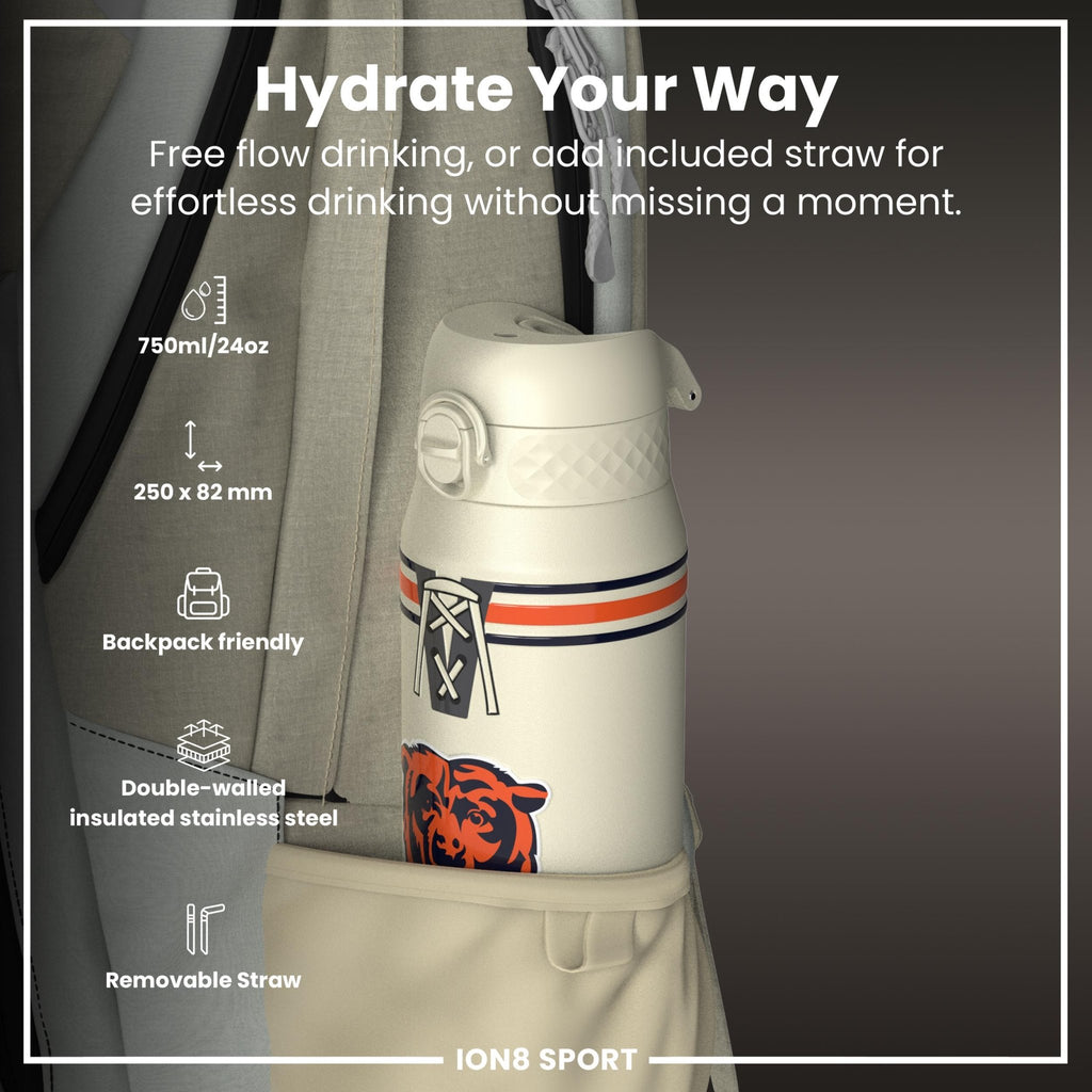 ION8 NFL Chicago Bears insulated steel water bottle, 750ml, 24oz, with Bears logo and stainless steel design.
