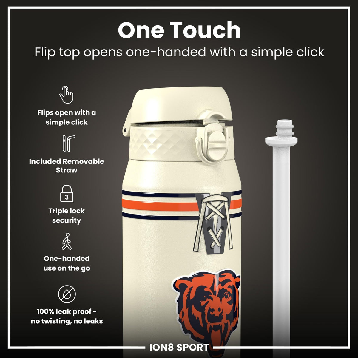 ION8 NFL Chicago Bears insulated steel water bottle, 750ml, durable 24oz insulated water bottle with team logo.