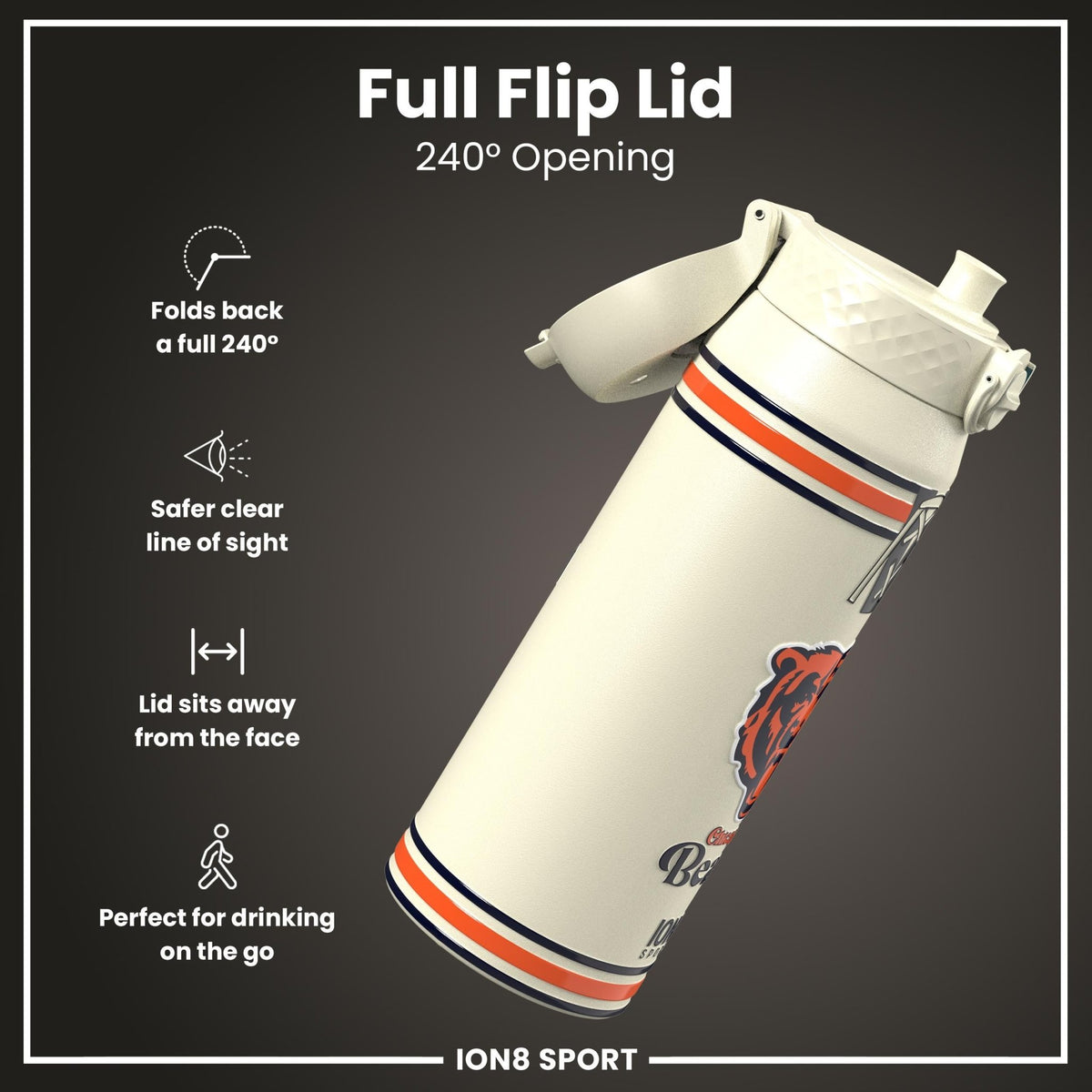 ION8 NFL Chicago Bears insulated steel water bottle, 750ml, with team logo and durable design for hot or cold beverages.