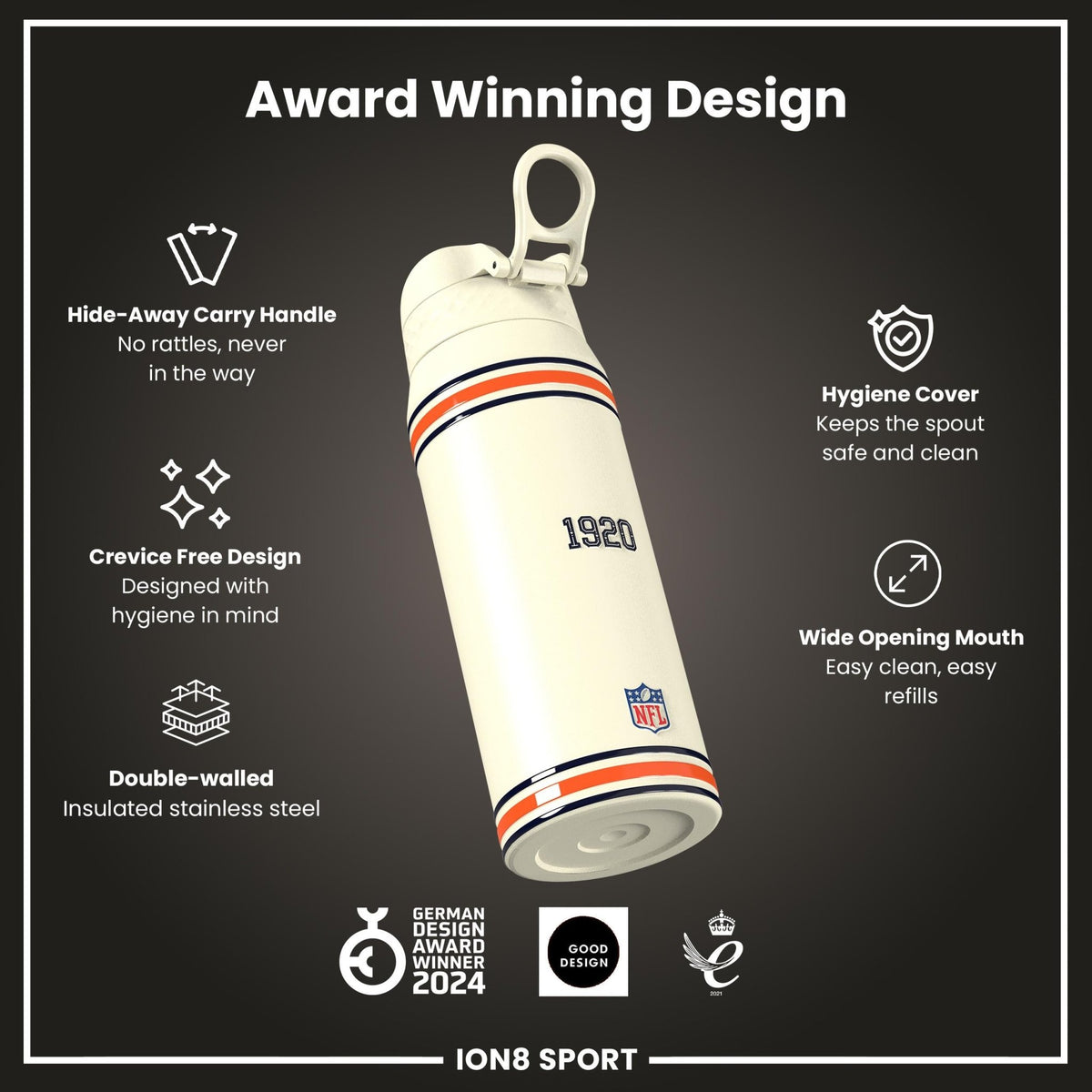 ION8 NFL Chicago Bears insulated steel water bottle, 750ml, durable and leak-proof for sports and outdoor use