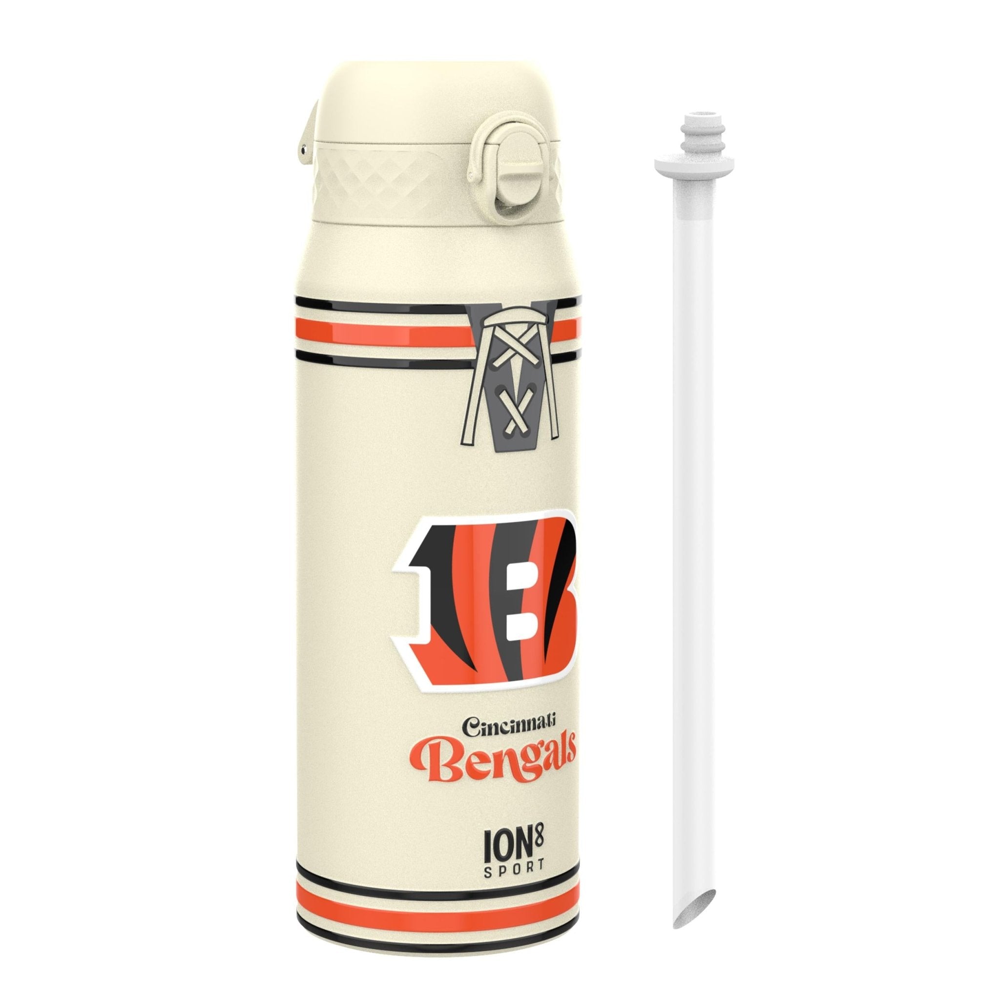 ION8 NFL Bengals insulated steel water bottle, 750ml (24oz), durable, leak-proof design with team logo, ideal for hydration.