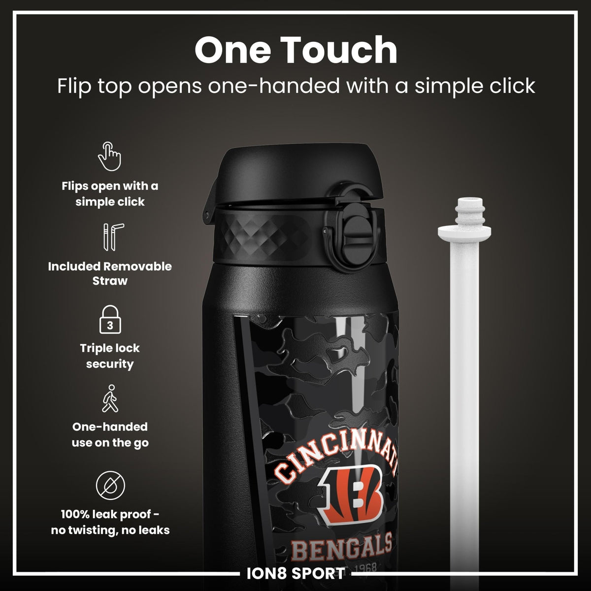 NFL Cincinnati Bengals insulated steel water bottle by ION8, 750ml (24oz), sturdy and keeps drinks hot or cold.
