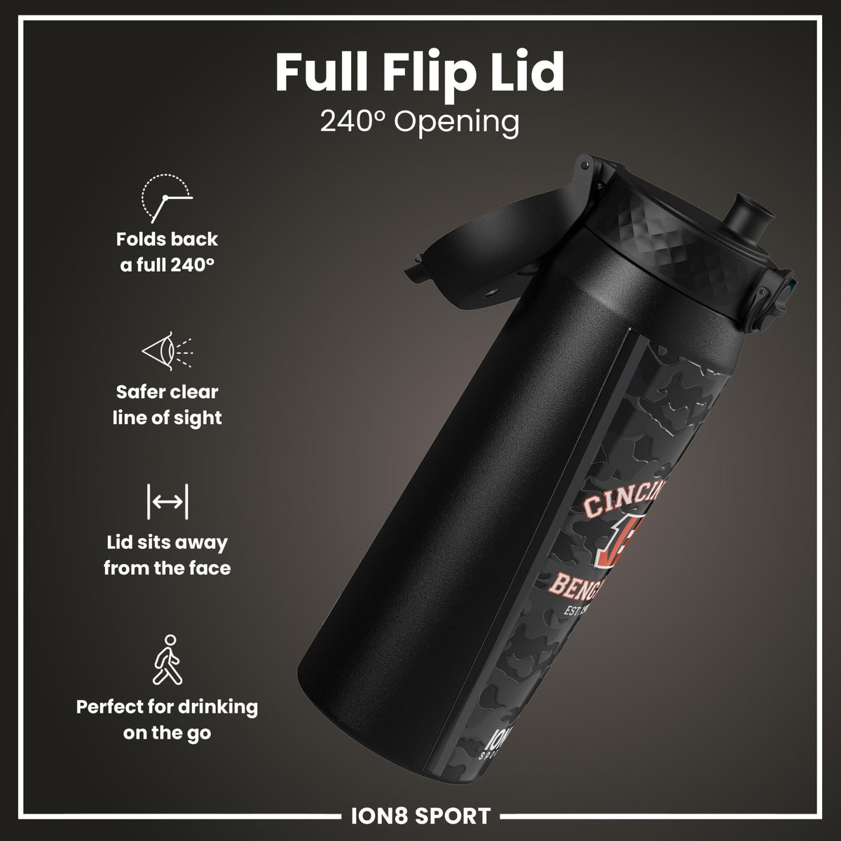 NFL Cincinnati Bengals insulated steel water bottle by ION8, 750ml (24oz), with team logo and stainless steel construction.