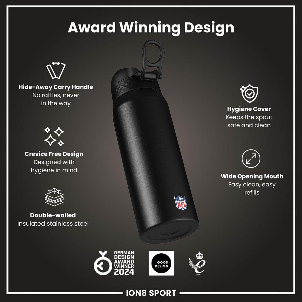 NFL Cincinnati Bengals insulated steel water bottle by ION8, 750ml (24oz), with team logo and sleek stainless steel design.