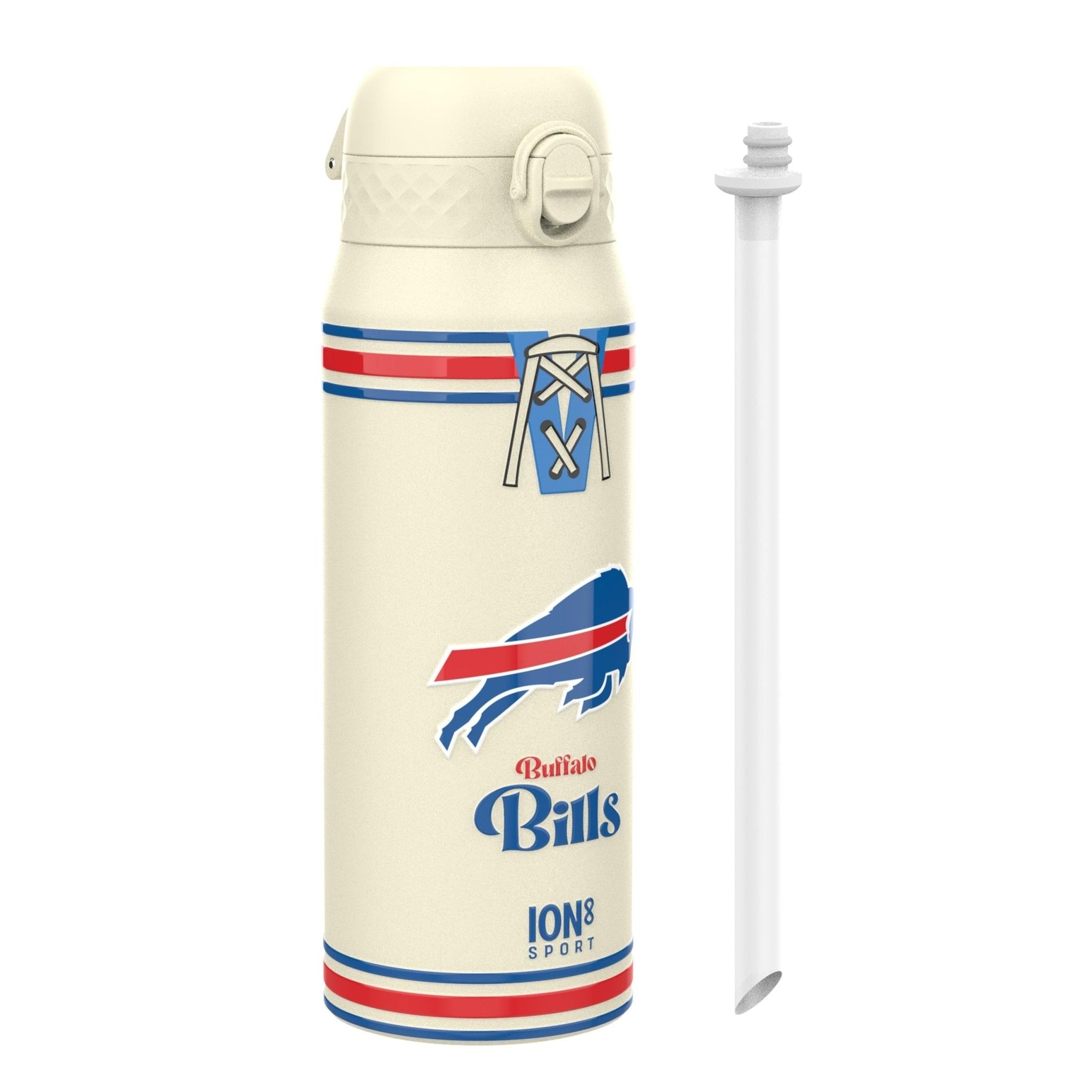 ION8 NFL Bills insulated steel water bottle, 750ml (24oz), durable design with team logo for fans and active use.