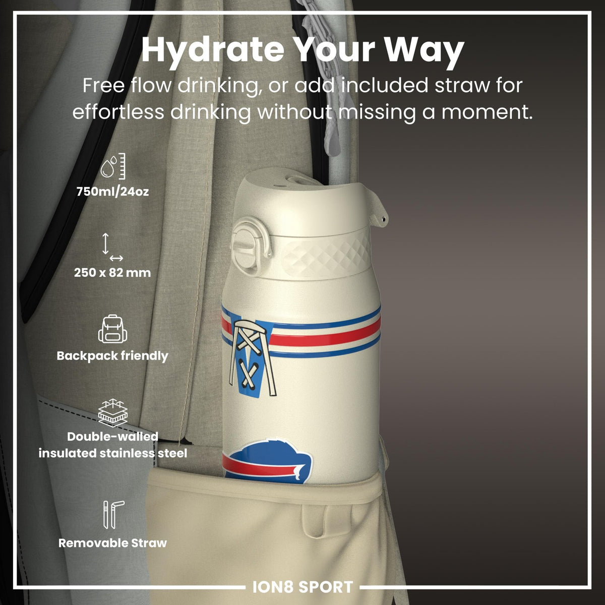 ION8 NFL Buffalo Bills insulated steel water bottle, 750ml, with team logo and durable design for hot and cold beverages.
