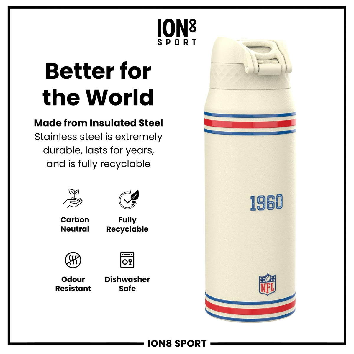 NFL Buffalo Bills insulated steel water bottle by ION8, 750ml (24oz), featuring team logo and durable stainless steel construction.