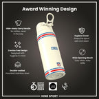 ION8 NFL Buffalo Bills 750ml insulated steel water bottle with team logo, durable design, and leak-proof lid for sports and hydration.