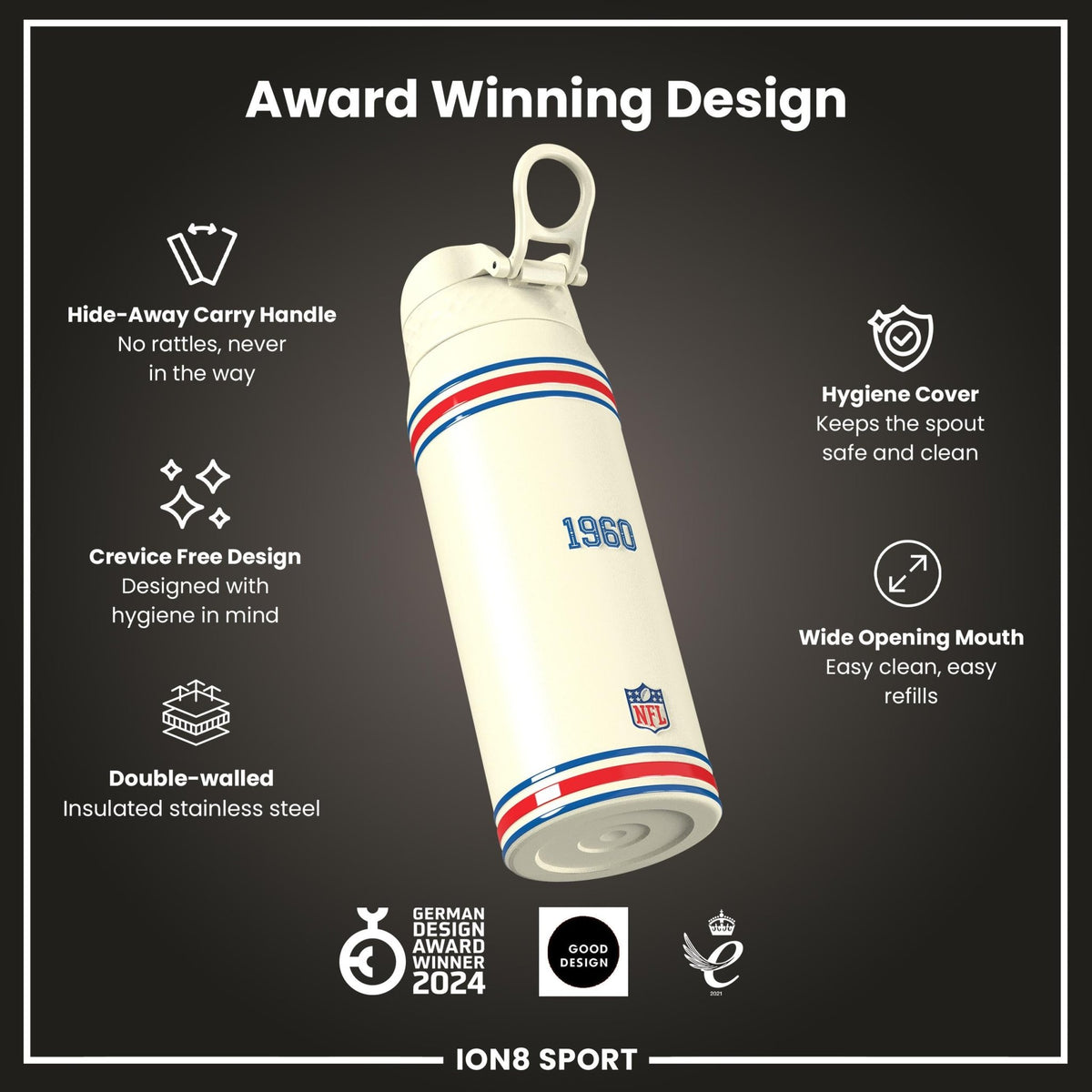 ION8 NFL Buffalo Bills 750ml insulated steel water bottle with team logo, durable design, and leak-proof lid for sports and hydration.