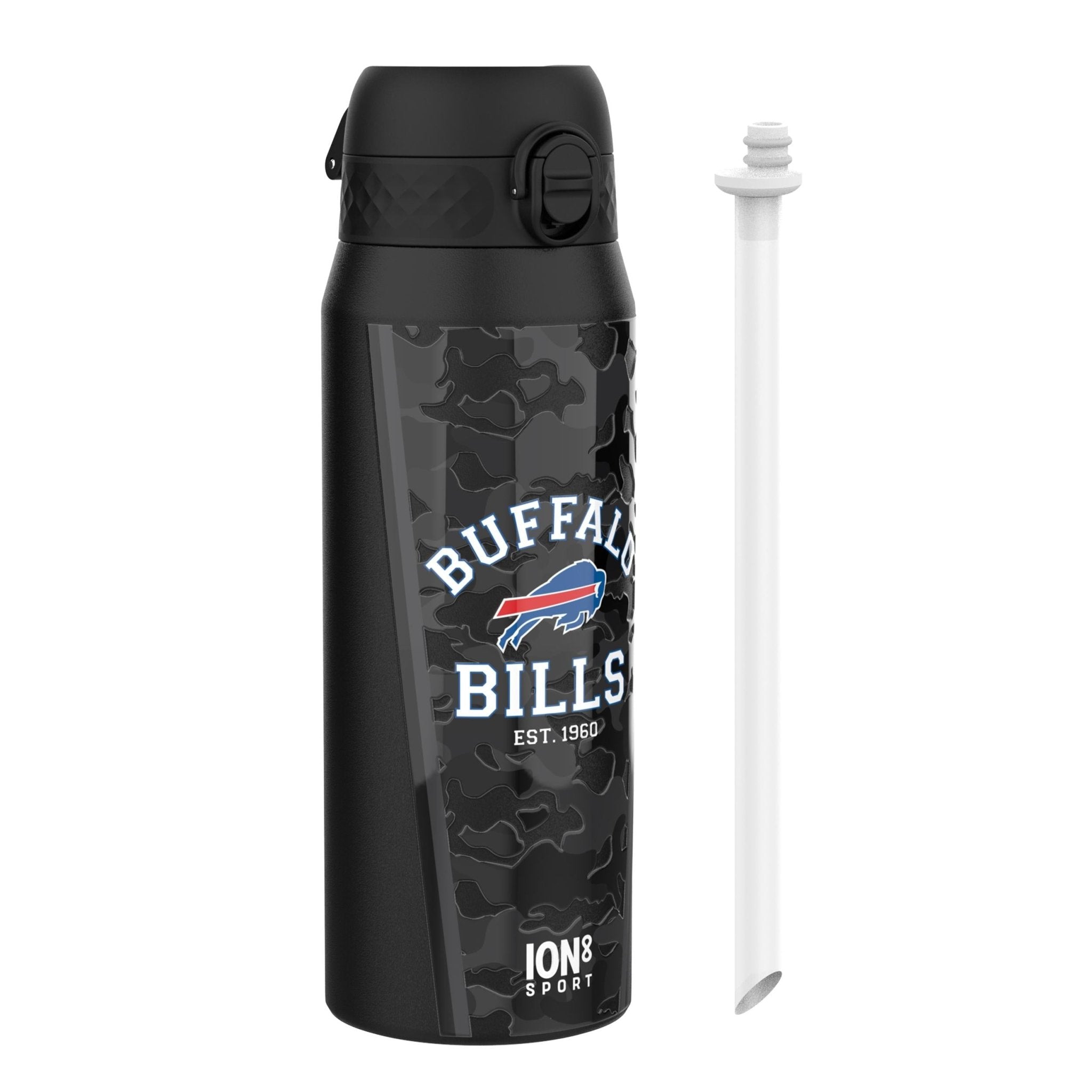 ION8 NFL Bills insulated steel water bottle, 750ml, durable design with team logo, perfect for keeping drinks cold.