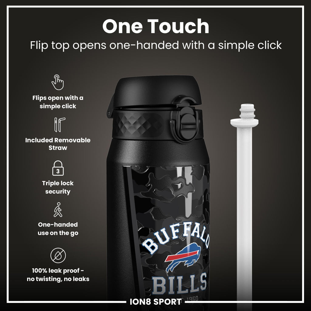 Ion8 insulated steel water bottle featuring NFL Buffalo Bills logo, 750ml (24oz) capacity, durable and keep drinks cold.