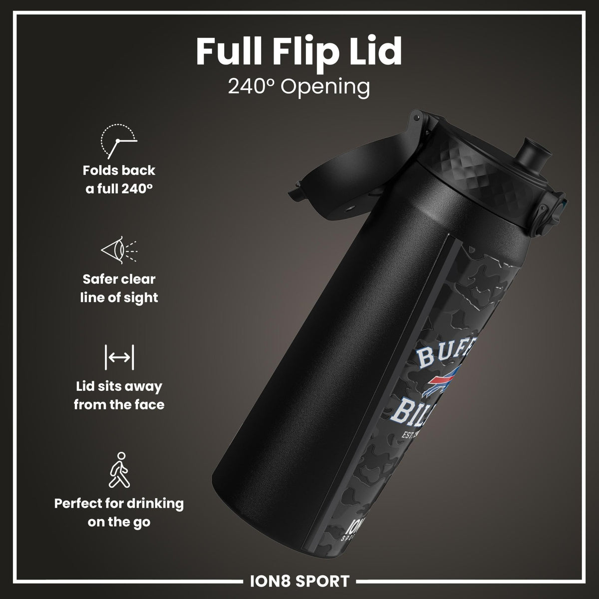 NFL Buffalo Bills insulated steel water bottle by ION8, 750ml capacity, durable stainless steel, featuring team logo.