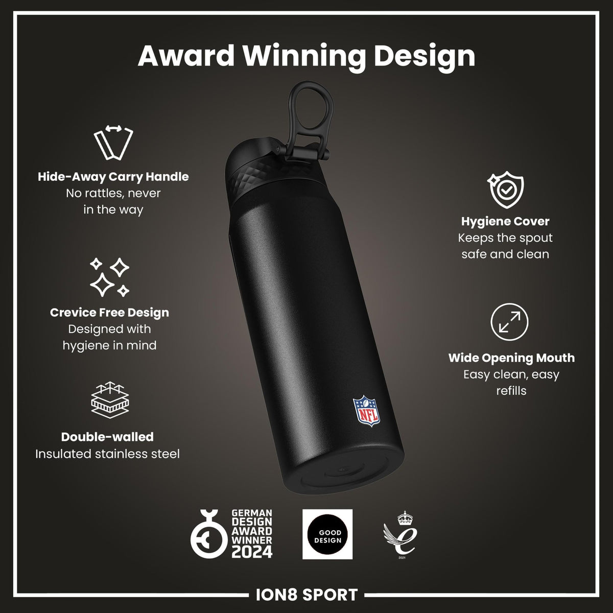 ION8 NFL Buffalo Bills insulated steel water bottle, 750ml, durable and sporty design, perfect for staying hydrated.