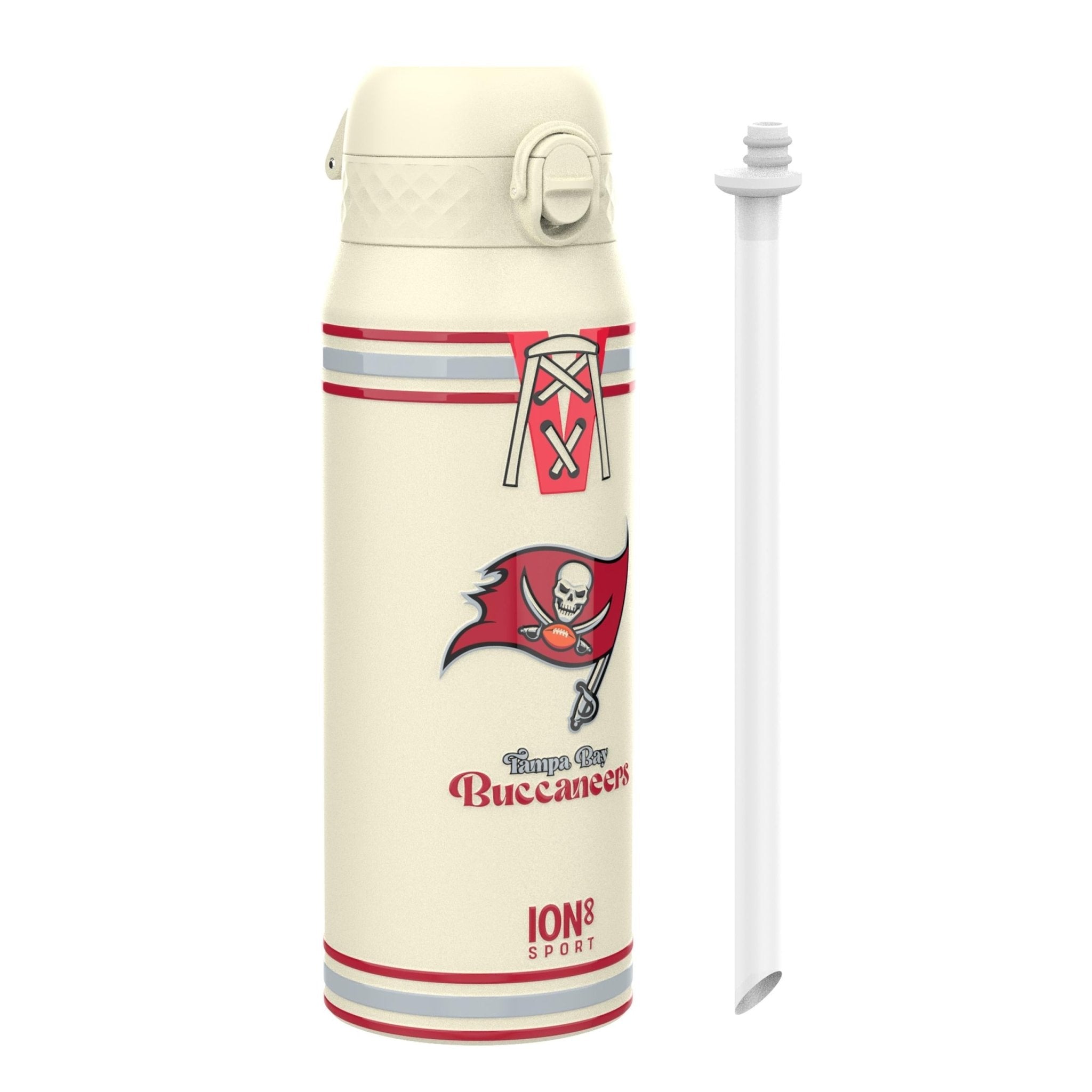 ION8 NFL Buccaneers insulated steel water bottle, 750ml, with team logo and durable design for hot and cold drinks.
