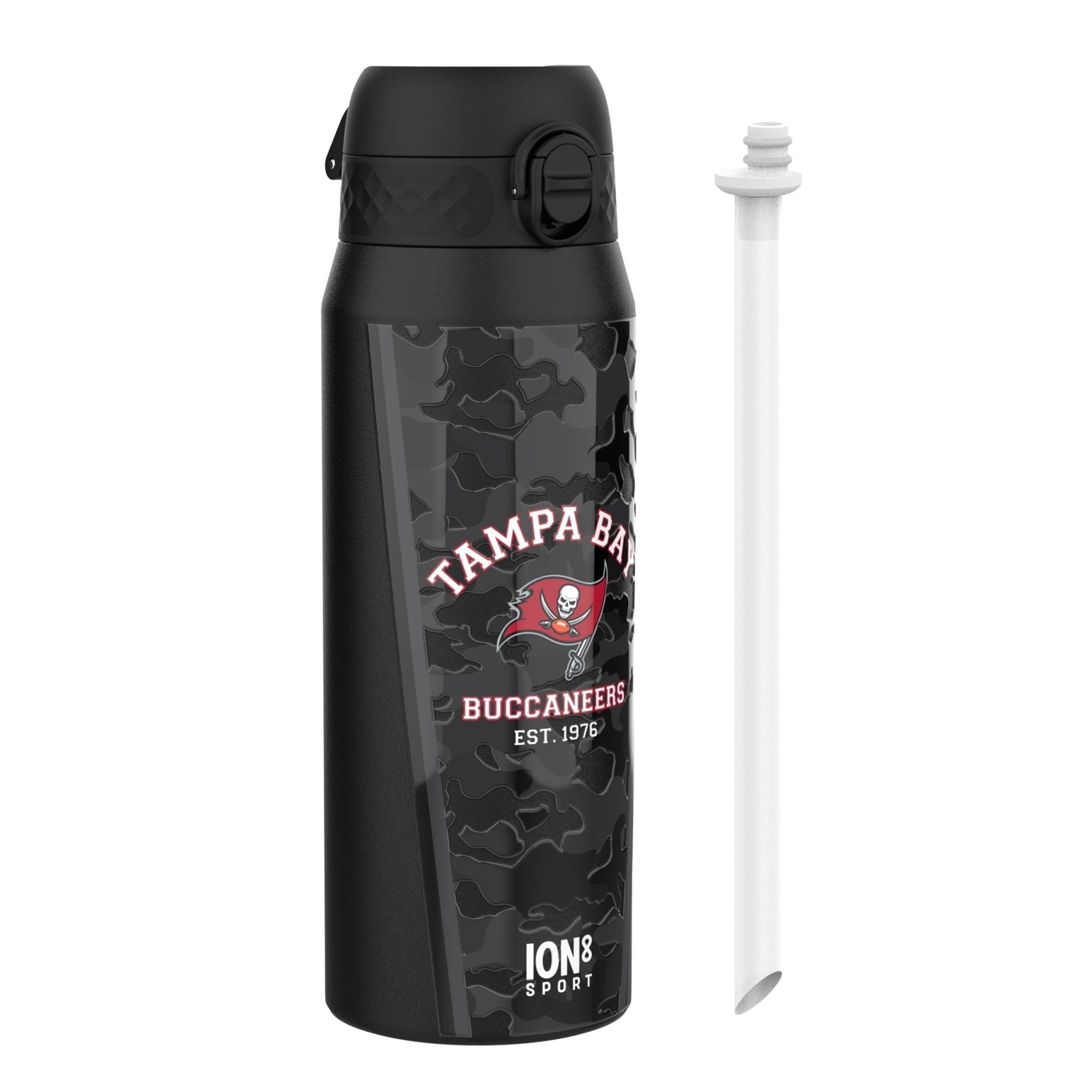 Ion8 NFL Buccaneers insulated steel water bottle, 750ml, with team logo and durable design for keeping drinks cold or hot.