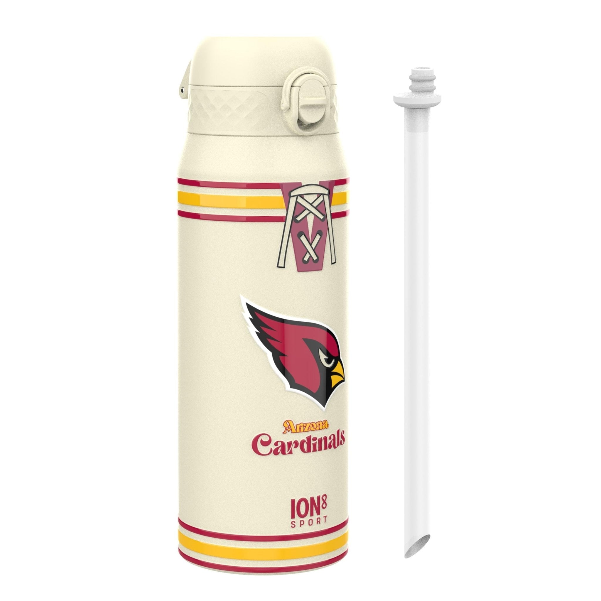 ION8 NFL Cardinals insulated steel water bottle, 750ml (24oz), durable outdoor water bottle with team logo and leak-proof design.