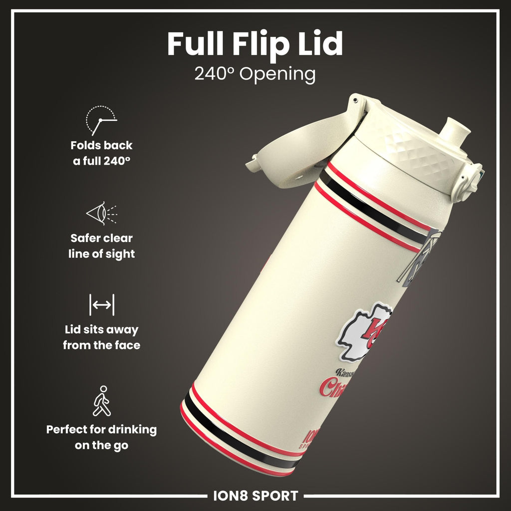 NFL Kansas City Chiefs insulated steel water bottle by ION8, 750ml (24oz) with team logo and stainless steel design.