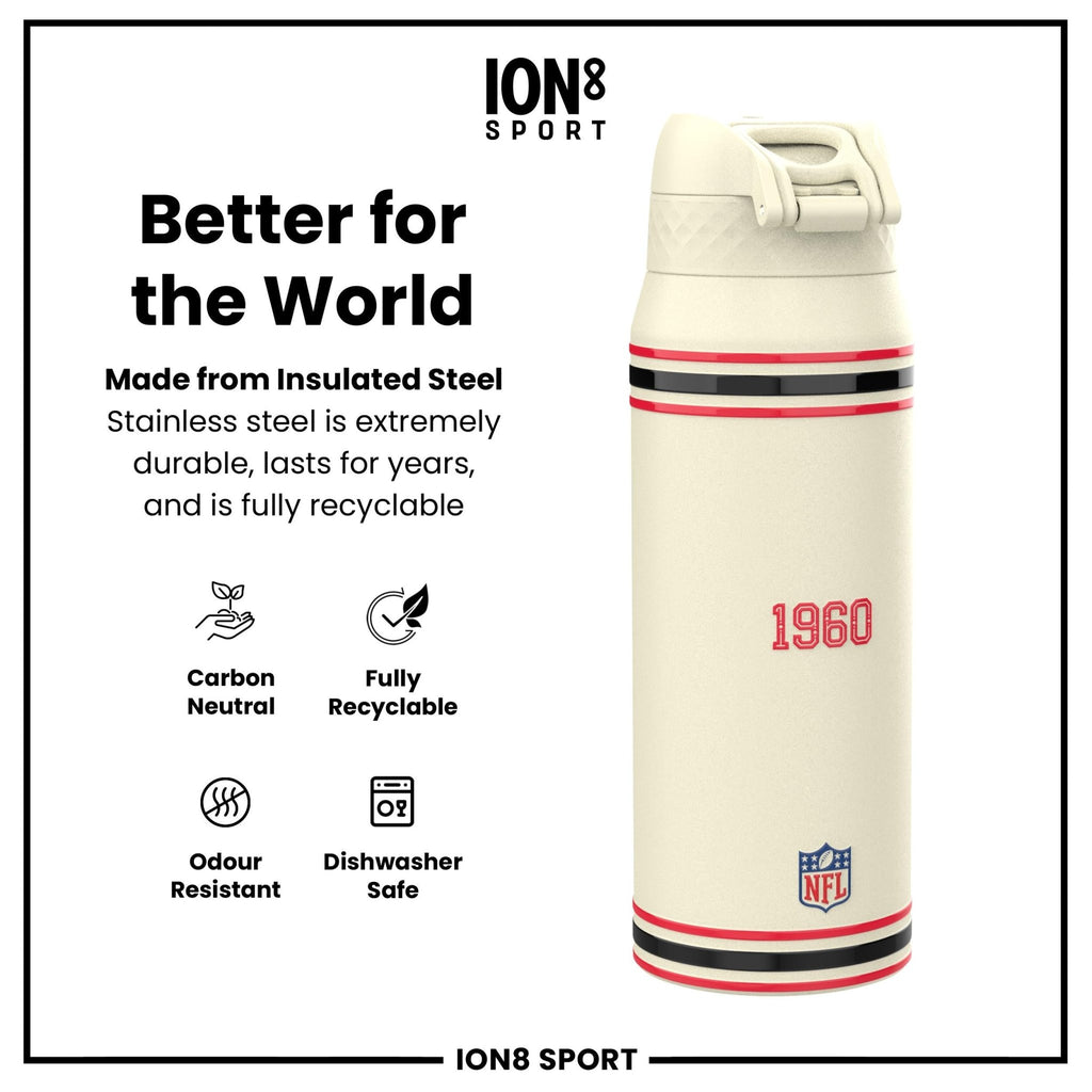 NFL Kansas City Chiefs insulated steel water bottle by ION8, 750ml (24oz), durable and keeps drinks cold or hot.