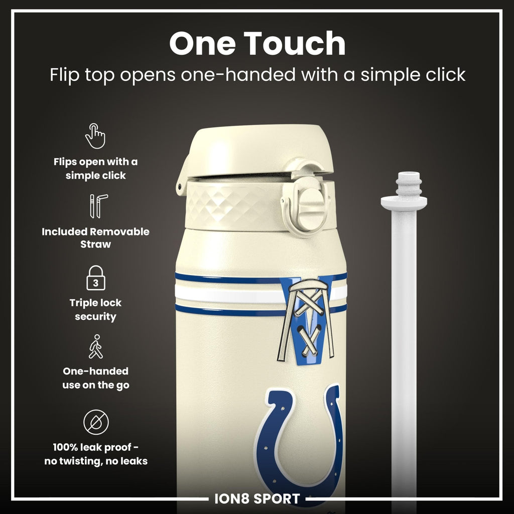 ION8 NFL Indianapolis Colts insulated steel water bottle, 750ml, with team logo and leak-proof design for sports and outdoor use.