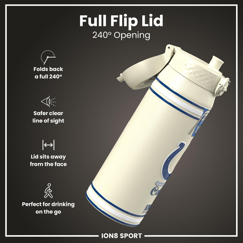 Ion8 NFL Indianapolis Colts insulated steel water bottle, 750ml, with team logo and sleek stainless steel design.