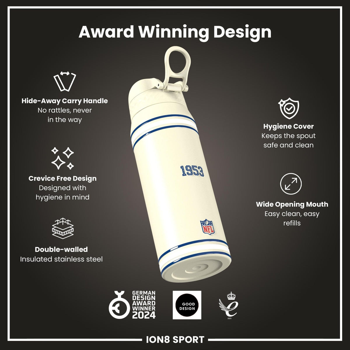 Ion8 NFL Indianapolis Colts insulated steel water bottle, 750ml, with team logo and durable design for hot or cold beverages.