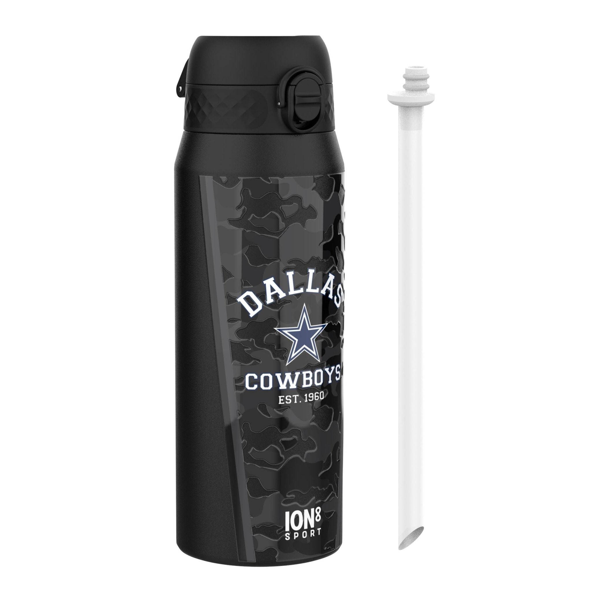 Ion8 NFL Cowboys insulated steel water bottle, 750ml, with Cowboys logo and durable design for keeping drinks hot or cold.