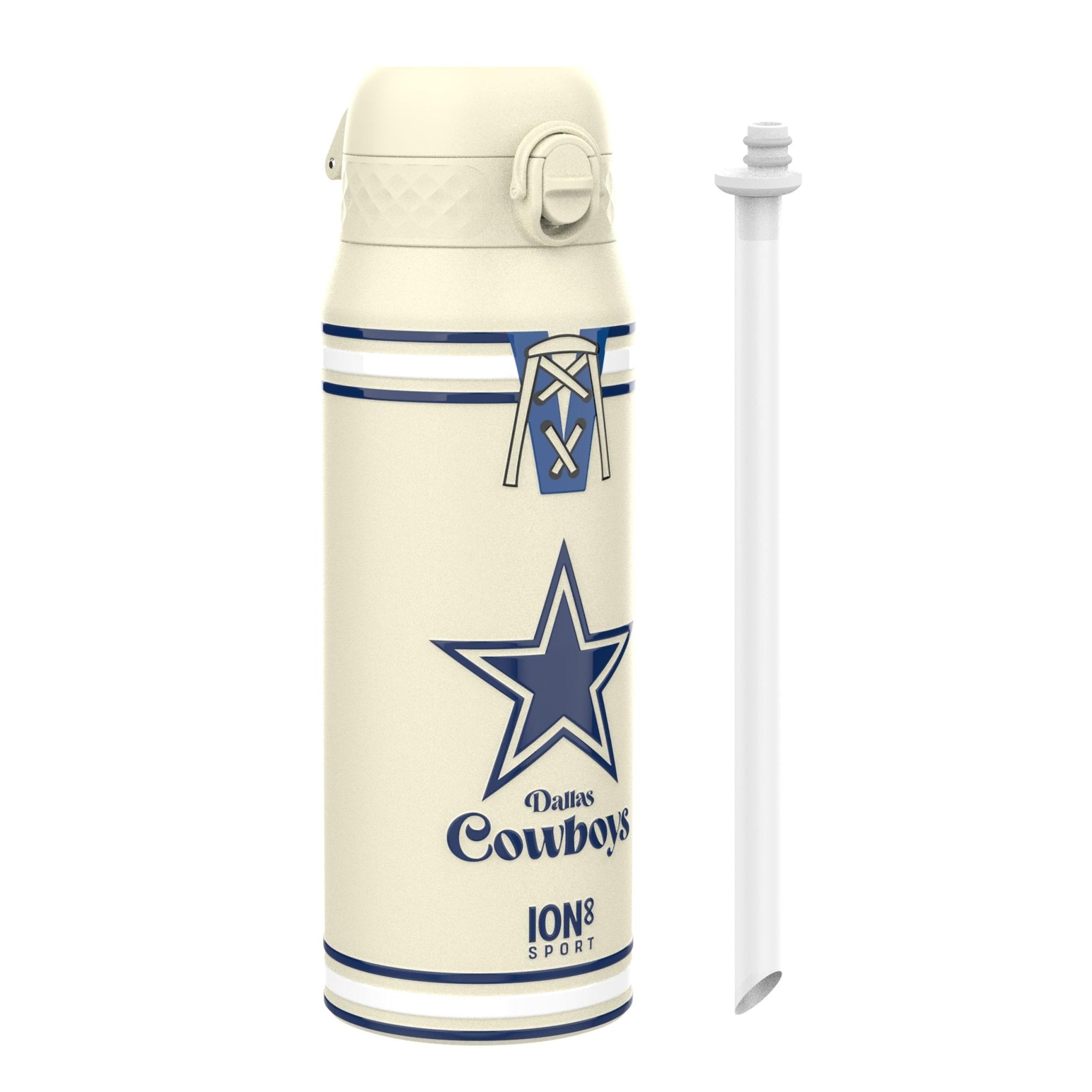 ION8 NFL Cowboys insulated steel water bottle, 750ml, with team logo, durable design, and spill-proof lid.