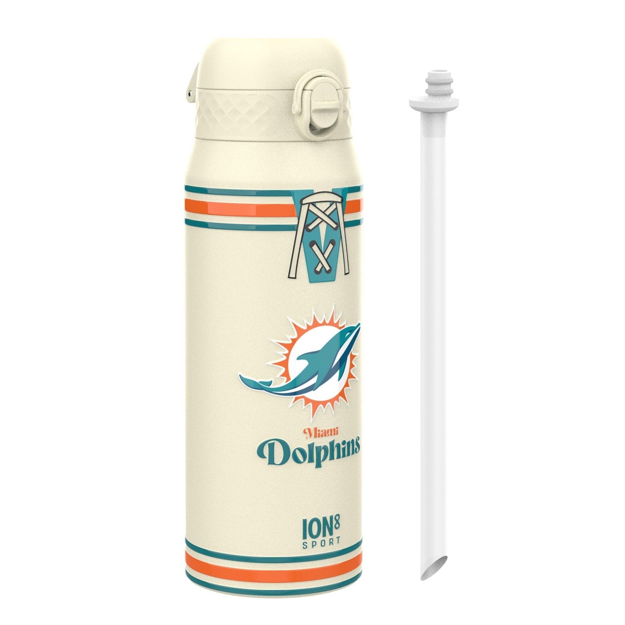 ION8 NFL Dolphins insulated steel water bottle, 750ml, with Dolphins team logo and sleek design for durable hydration.