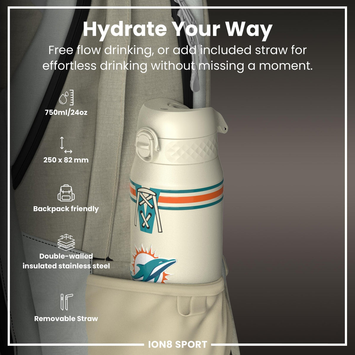 Ion8 insulated steel water bottle featuring the Miami Dolphins NFL team logo, 750ml capacity, durable and leak-proof design.