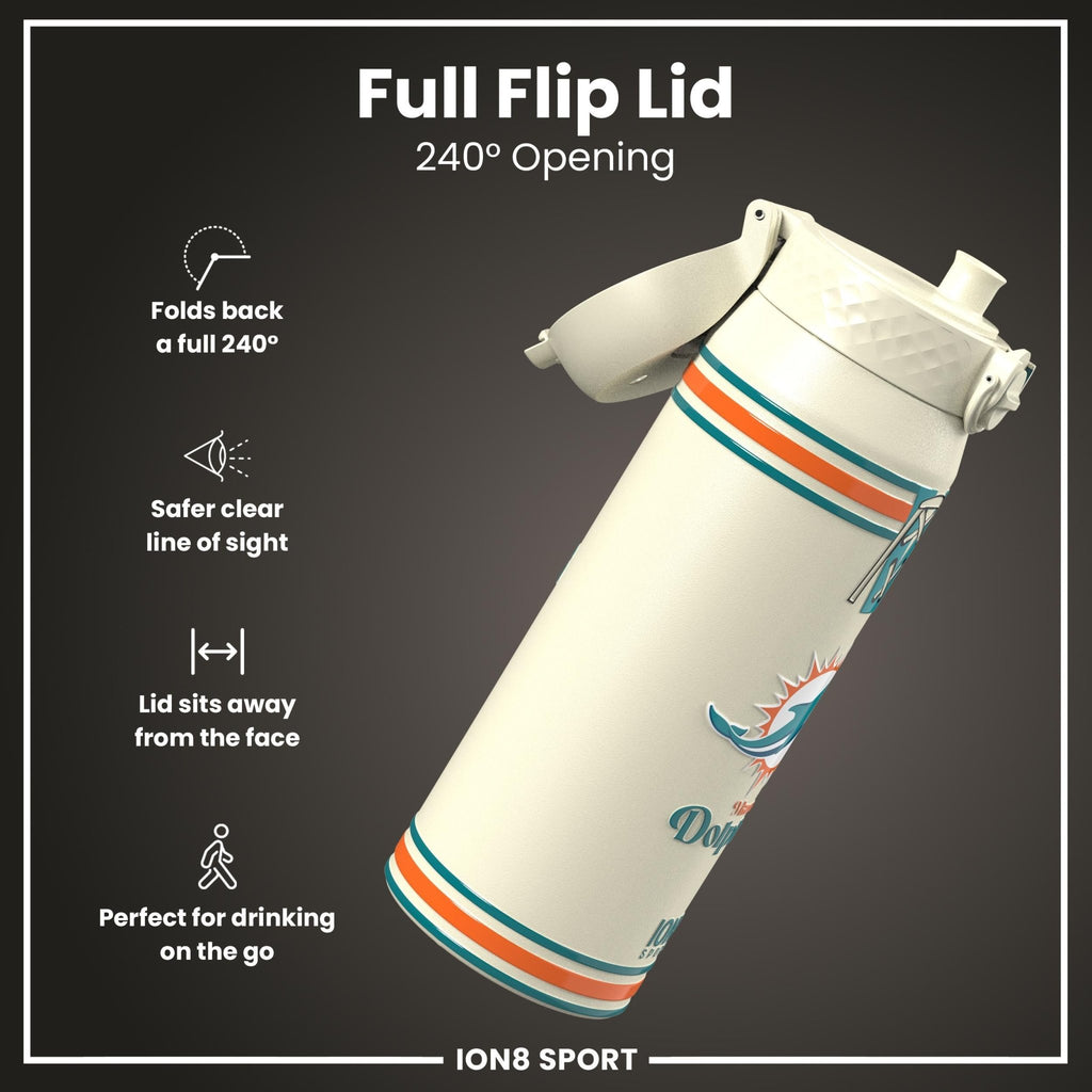ION8 NFL Miami Dolphins insulated steel water bottle, 750ml, 24oz, durable and spill-proof for sports and outdoor use
