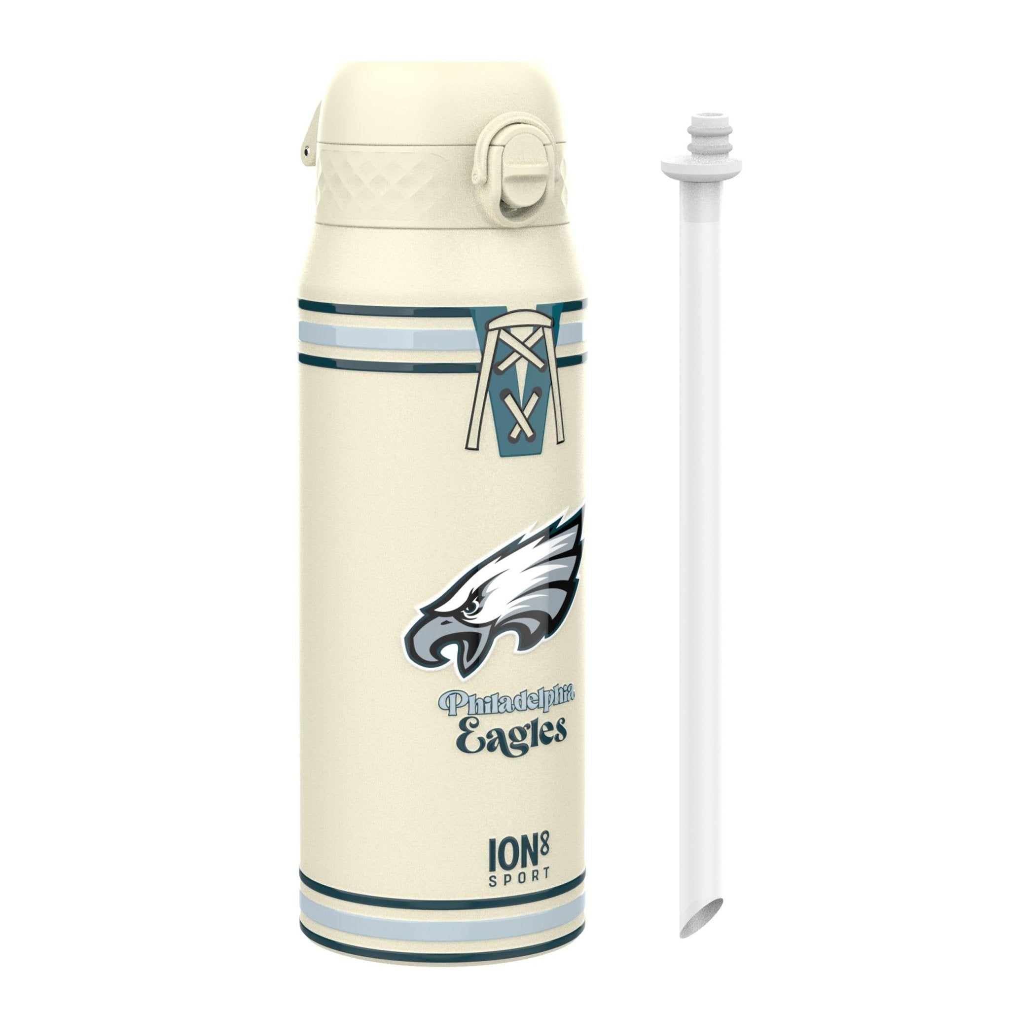 ION8 NFL Eagles insulated steel water bottle, 750ml, with team logo and black cap, designed for hot and cold beverages