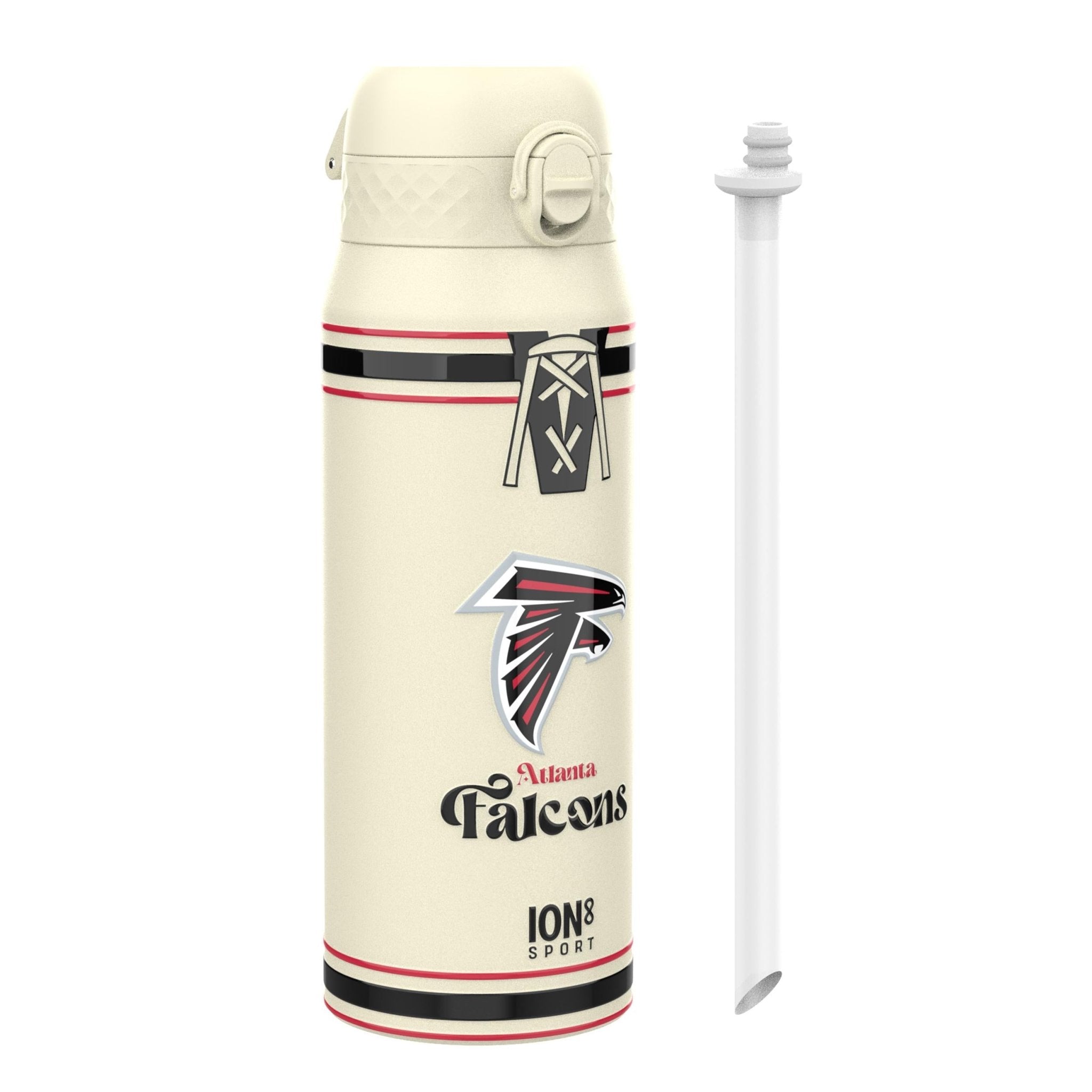 ION8 NFL Falcons insulated steel water bottle, 750ml, with team logo, durable design, and leak-proof lid.