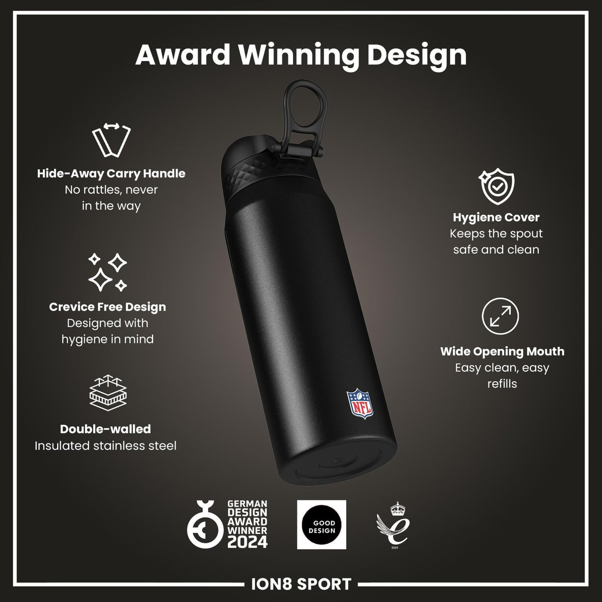 NFL Atlanta Falcons insulated steel water bottle by ION8, 750ml (24oz), with a sleek design and Falcons team logo.