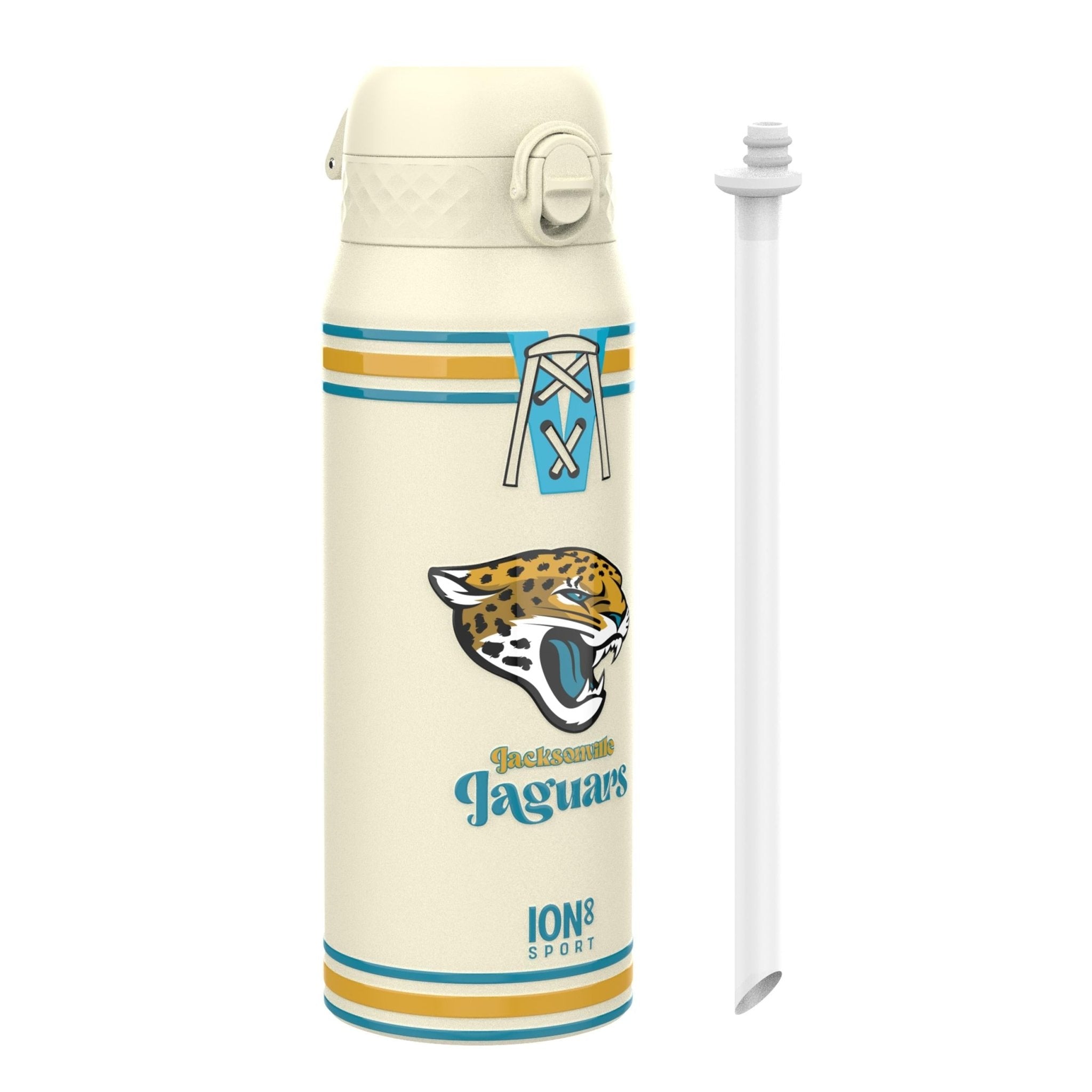 Ion8 NFL Jaguars insulated steel water bottle, 750ml, featuring Jaguars logo, durable design, and leak-proof cap.