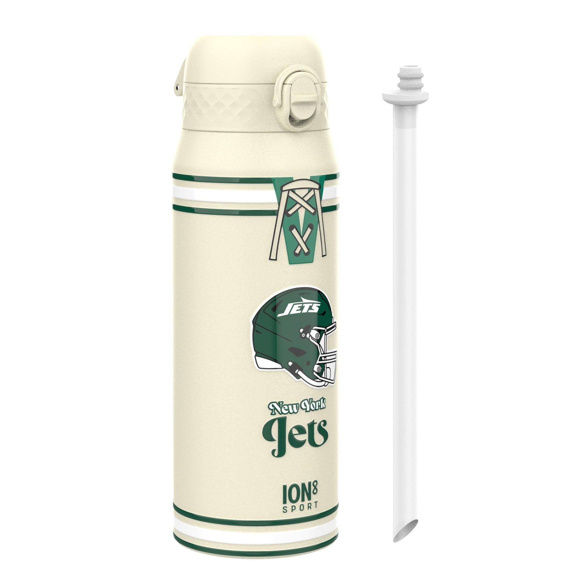 Ion8 NFL Jets insulated steel water bottle, 750ml, with team logo and sleek design for durable hydration.