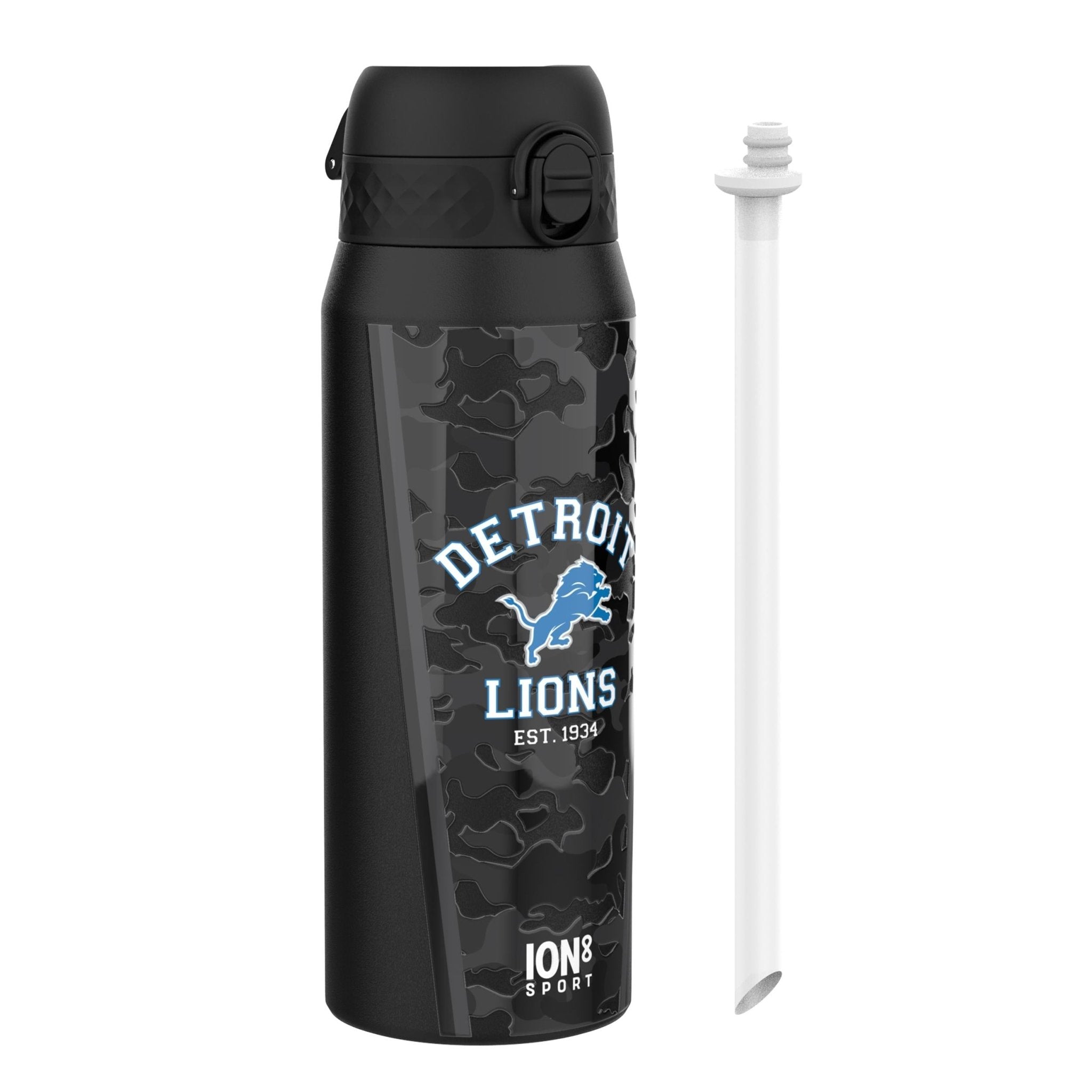 ION8 NFL Lions insulated steel water bottle, 750ml, with team logo and durable design for hot and cold drinks.