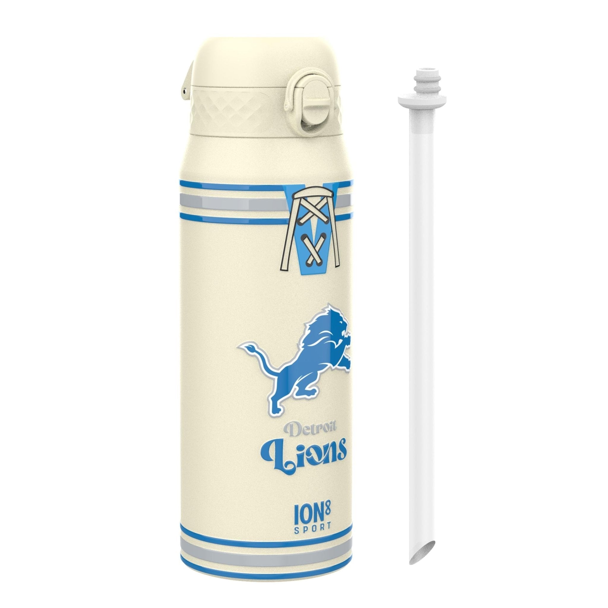 NFL Lions ION8 insulated steel water bottle, 750ml, featuring team logo and durable design for hot or cold beverages.