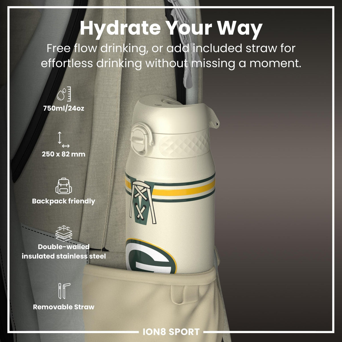 ION8 NFL Green Bay Packers insulated steel water bottle 750ml, 24oz, with team logo and stainless steel finish.